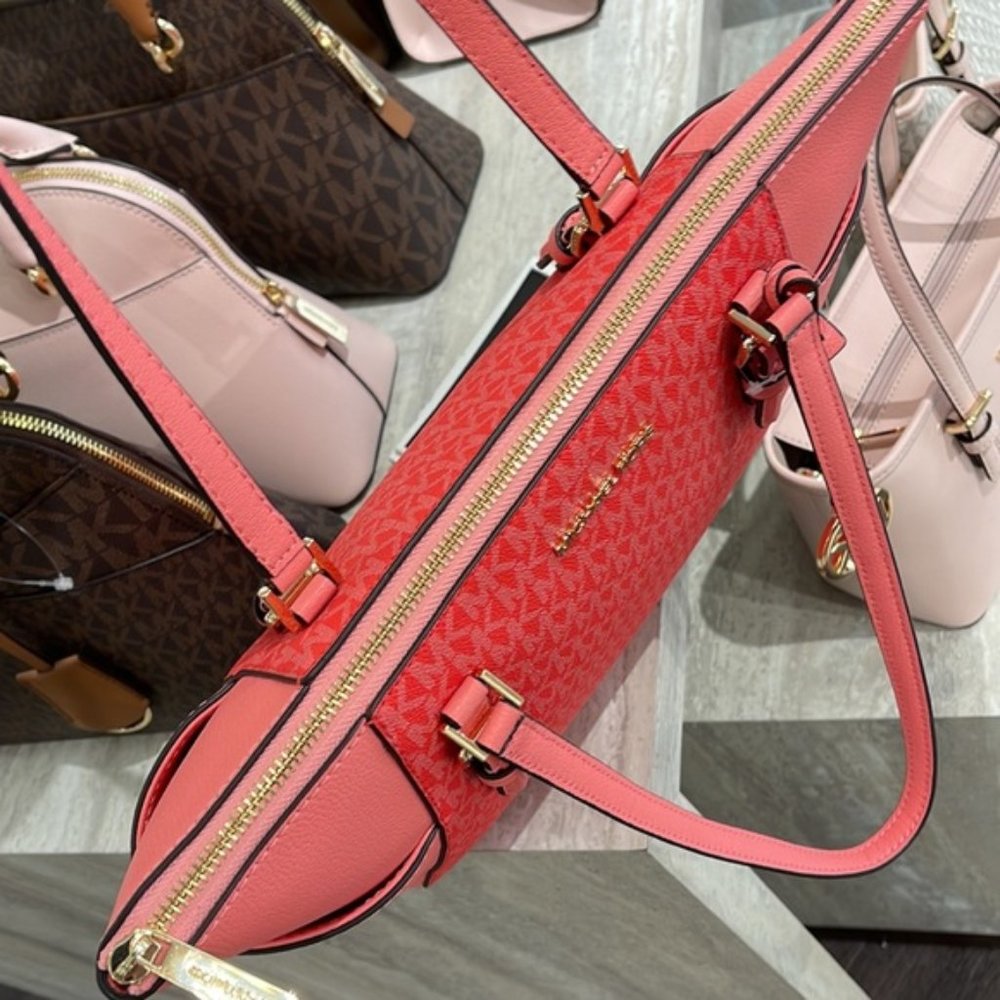 Michael Kors Charlotte Large Logo and Leather Top-Zip Tote Bag Coral Reef Multi - Picture 13 of 16